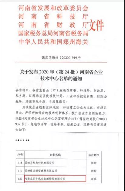 喜报 | 河南B体育在线登录乳业集团企业技术中心被认定为 河南省企业技术中心